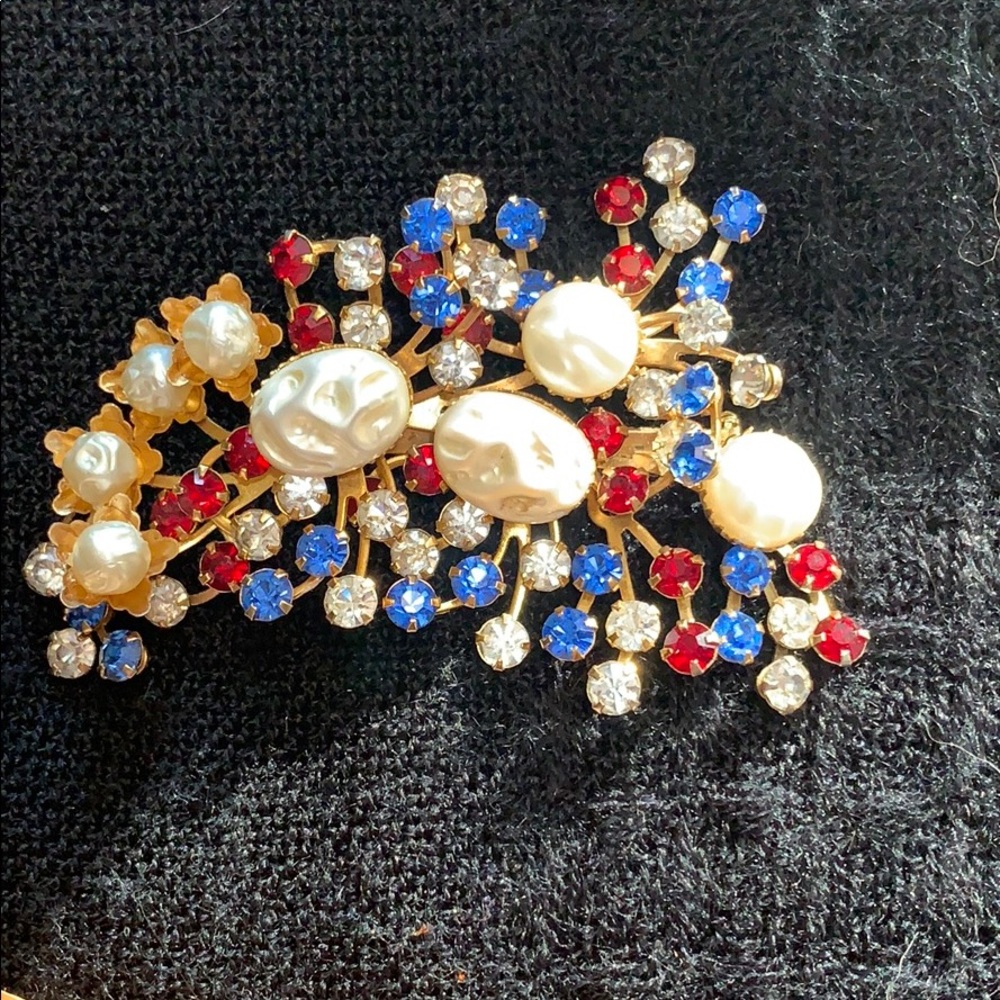 Red, white, blue rhinestone with “pearl” accents.